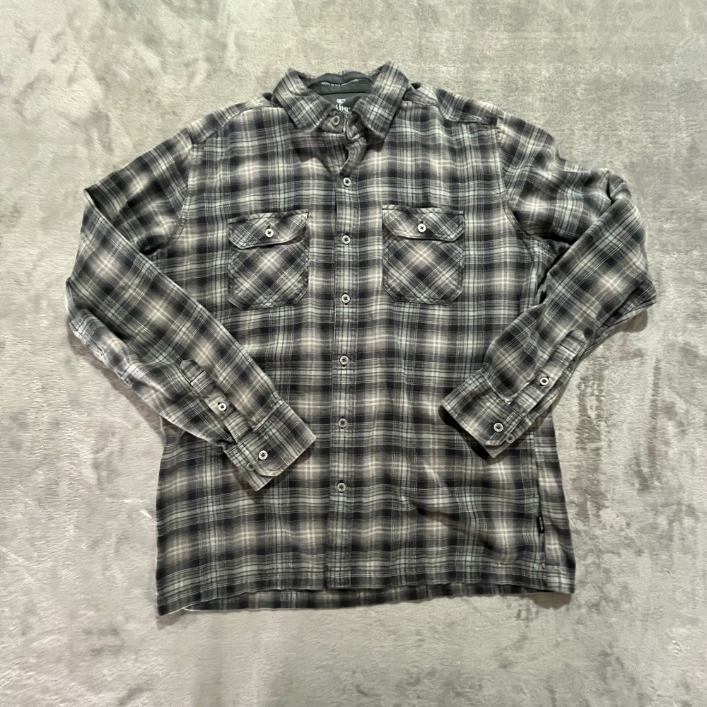 KUHL 7186 Plaid Flannel Shirt Mens Medium Black Gray Long Sleeve Button Up